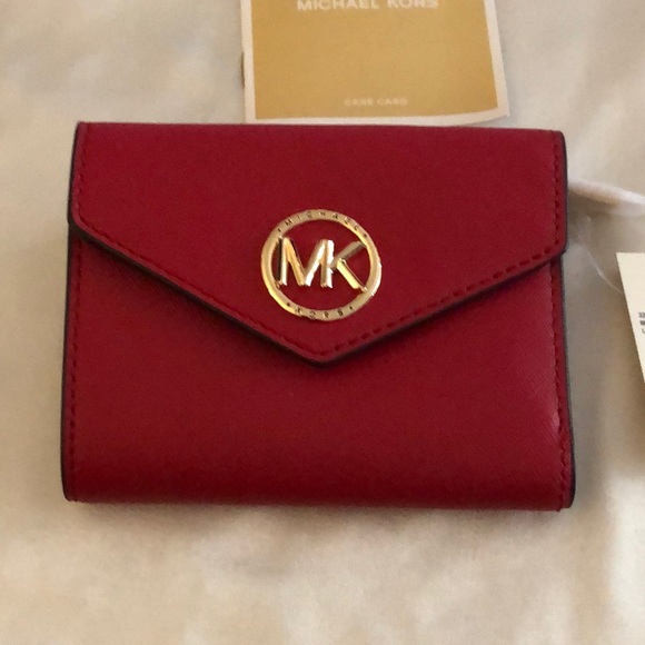 Michael Kors Greenwich Medium Envelope Leather Trifold Wallet Color Crimson NWT - Picture 3 of 16